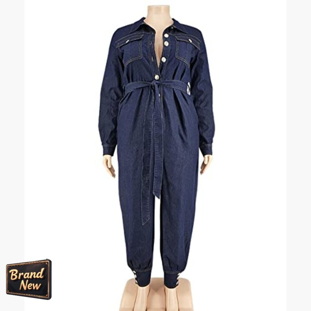 Plus Size Denim Jumpsuit Long Sleeve Button Down Overalls Casual Wear - Picture 4 of 6